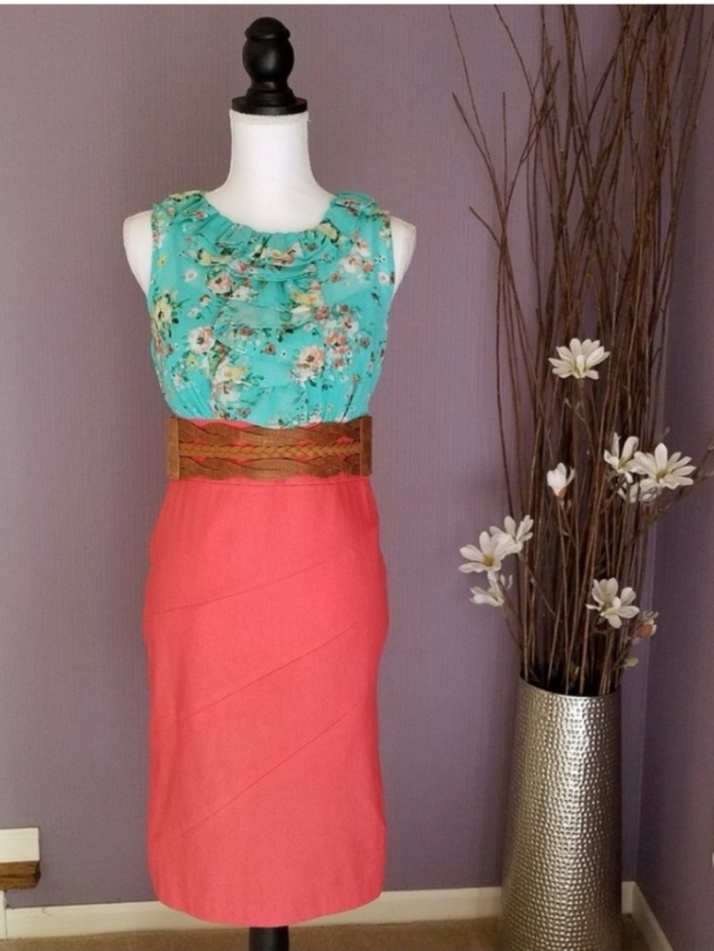 Alyx Coral Orange & Mint Green Floral Belted Dress - size 4 NWOT